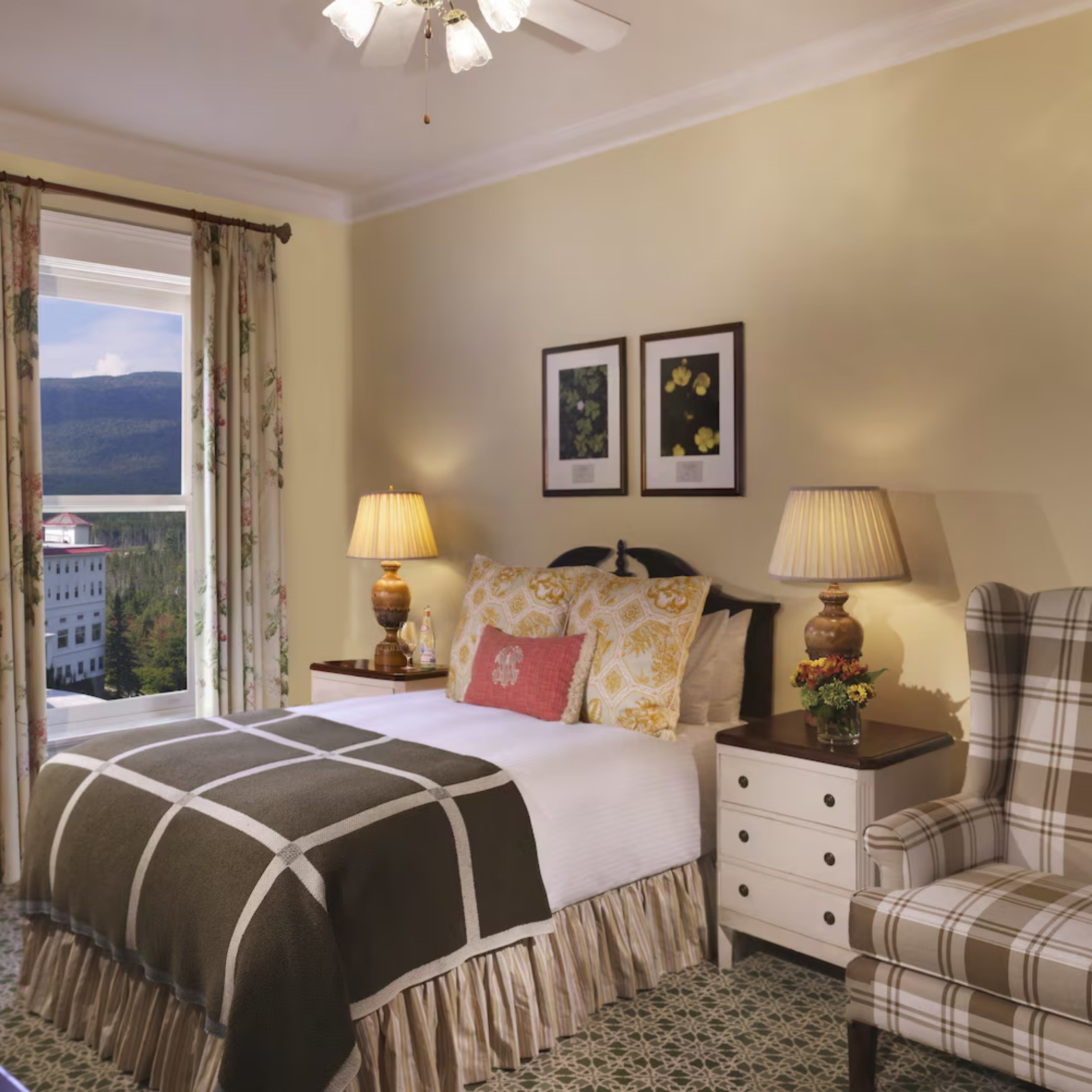 Newly renovated guest room at the Omni Mount Washington Resort with mountain views and elegant furnishings