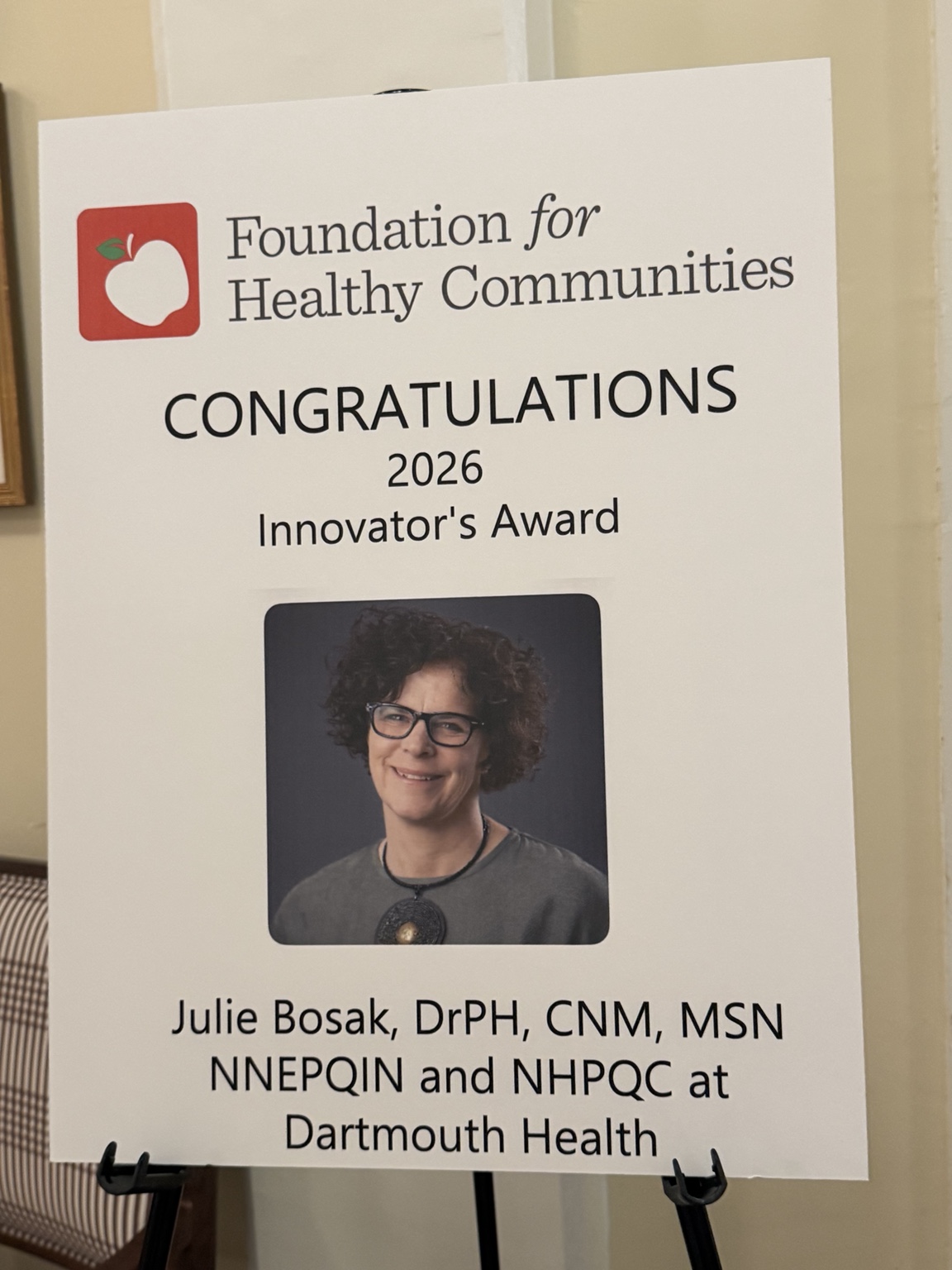 Sign recognizing Julie Bosak as the Foundation for Healthy Communities' 2026 Innovator's Award recipient.